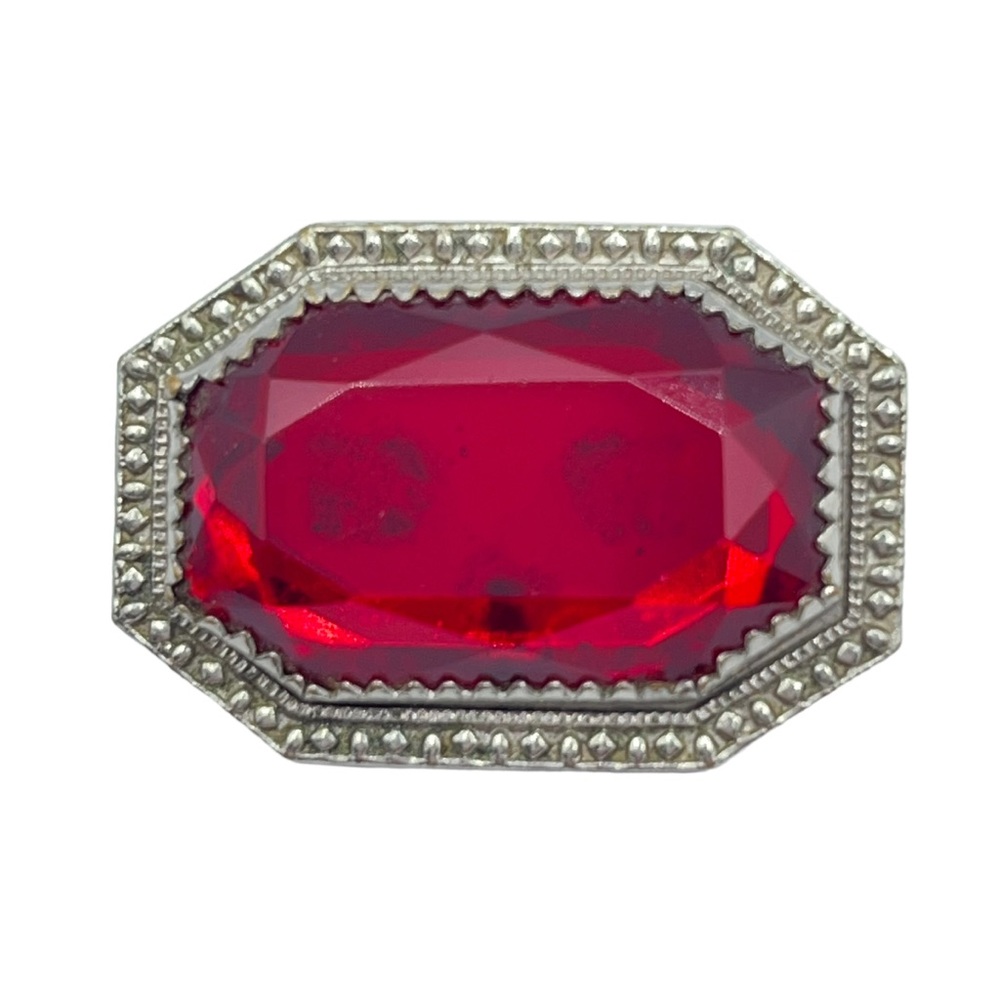 Victorian Edwardian Oversized Ruby Czech Glass Silver Sash Brooch Pin C Clasp